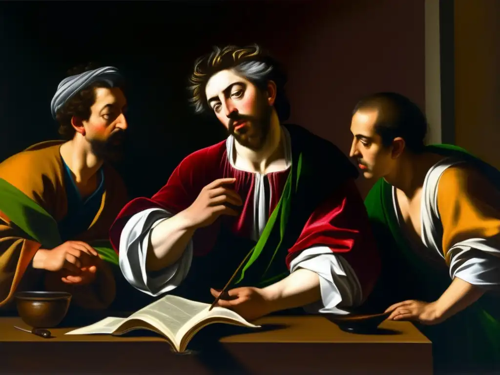 Una representación detallada y emotiva de 'La vocación de San Mateo' de Caravaggio, destacando el dramático uso de luz y sombra