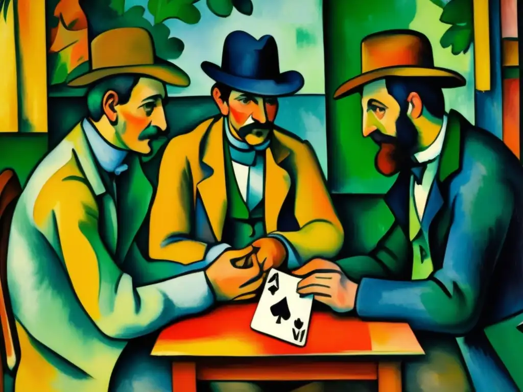 Una representación detallada de 'Los jugadores de cartas' de Paul Cézanne, destacando sus pinceladas intrincadas y colores vibrantes