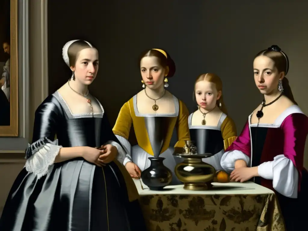 Una representación detallada de 'Las Meninas' de Velázquez, mostrando la expresión cautivadora de la Infanta Margarita y su corte español