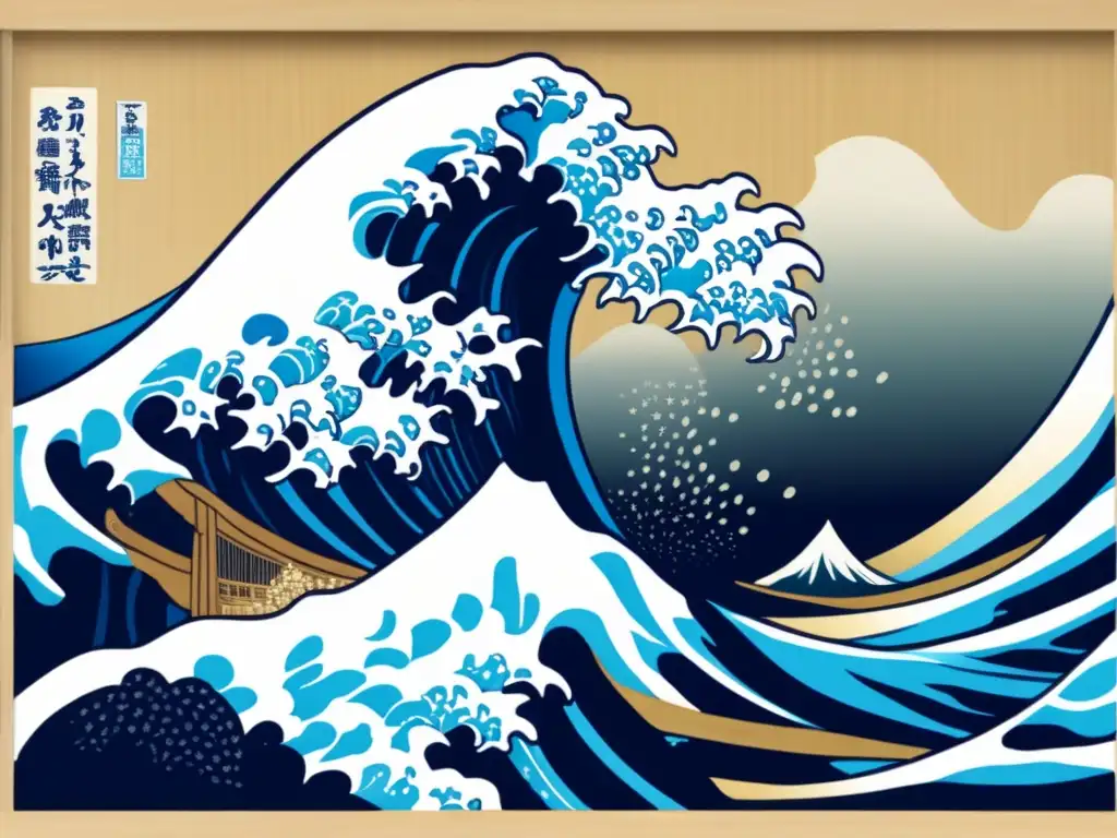 Una representación detallada y vibrante de 'La Gran Ola de Kanagawa' de Katsushika Hokusai, ilustrando la influencia de Hokusai en el Impresionismo Japonés con sus poderosas olas y el imponente Monte Fuji en el fondo