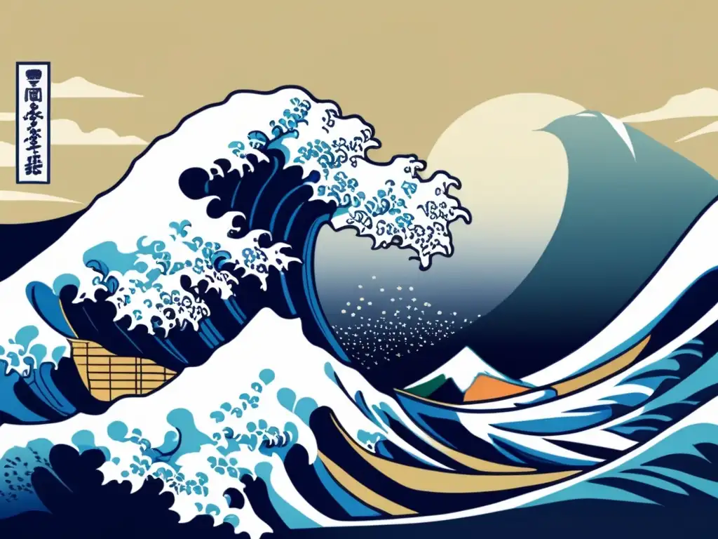 Una reproducción digital detallada del icónico 'La gran ola de Kanagawa' de Katsushika Hokusai, capturando cada detalle de esta obra maestra del arte mundial del ukiyo-e
