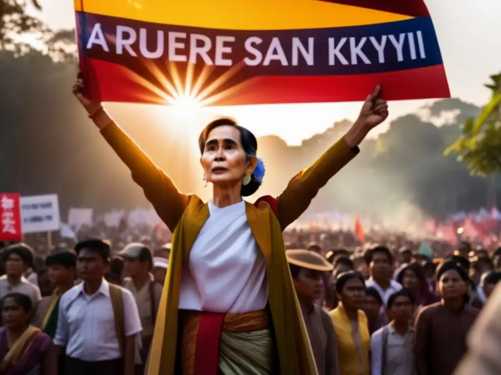Aung San Suu Kyi lidera la resistencia de Myanmar por la democracia, rodeada de manifestantes enérgicos y pancartas coloridas