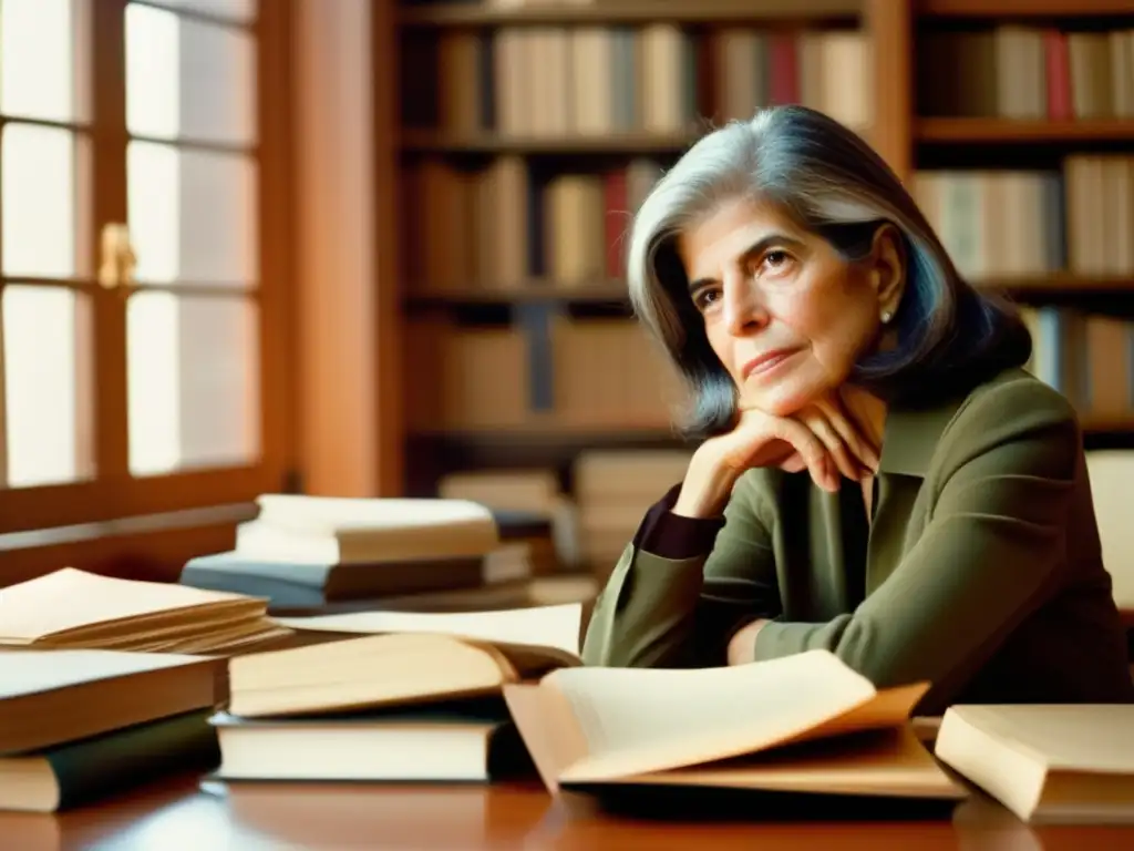 Una fotografía de alta resolución al estilo moderno de Susan Sontag sentada en un escritorio rodeada de libros y papeles