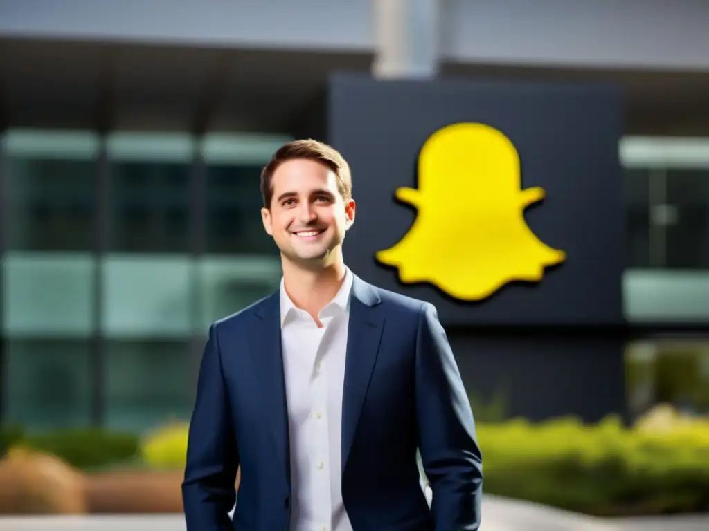 Una fotografía de alta resolución muestra a Evan Spiegel frente a la sede de Snapchat, con el icónico logo del fantasma en el fondo