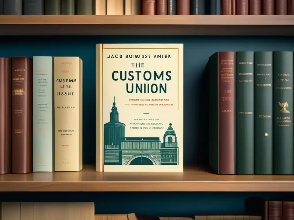 Una fotografía en alta resolución del influyente libro de Jacob Viner 'The Customs Union Issue' exhibido en una elegante estantería, rodeado de otros textos económicos clásicos, con el título visible