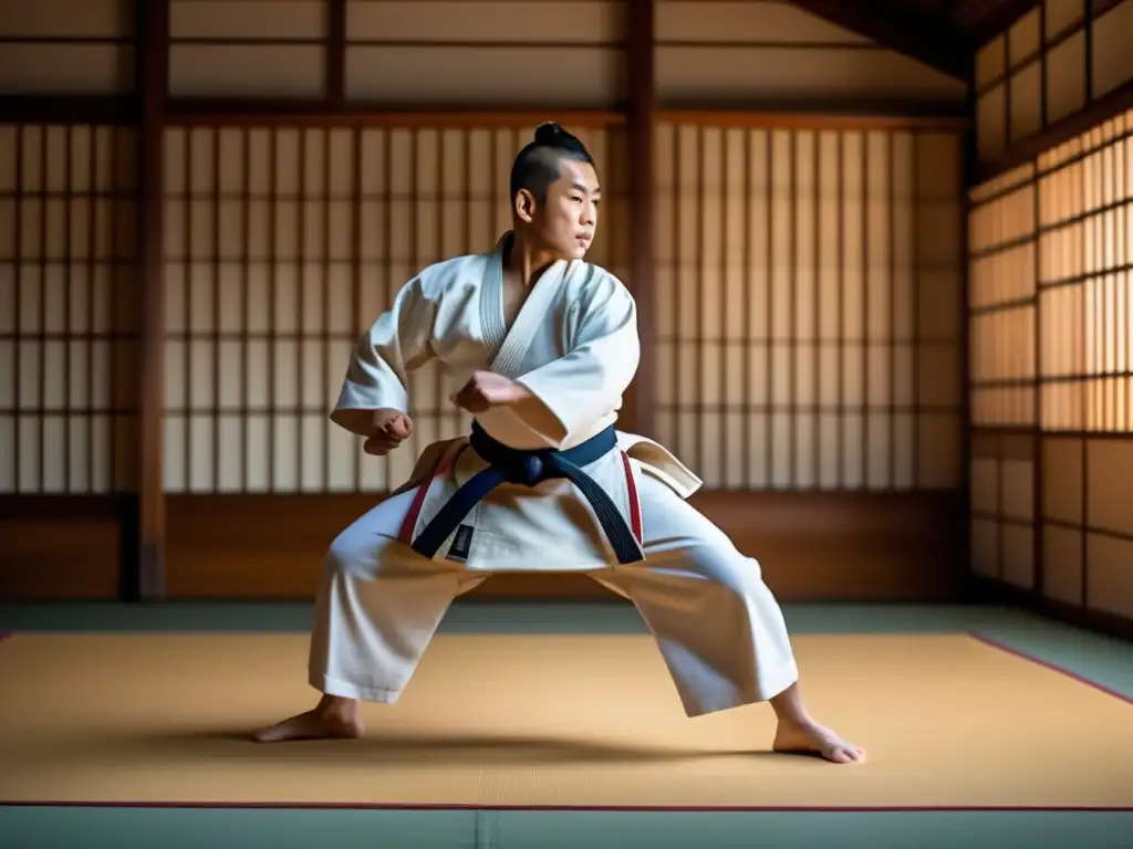 Fotografía de alta resolución de Jigoro Kano practicando judo en un dojo japonés, capturando la filosofía del judo y la determinación de Kano