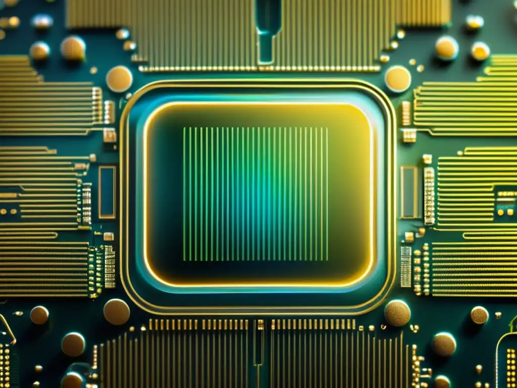 Una fotografía de alta resolución de un microchip de computadora revela intrincados detalles y componentes