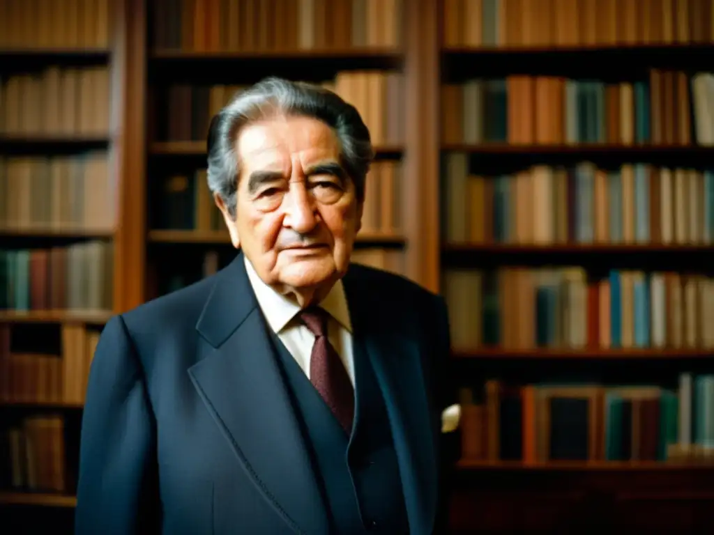 Una fotografía de alta resolución de Octavio Paz, destacado escritor del siglo XX, de pie frente a una estantería con libros ligeramente desenfocados