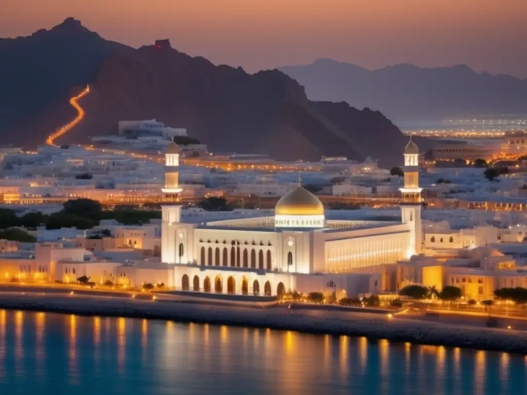 El resplandeciente atardecer ilumina el moderno horizonte de Mascate, Omán, bajo el reinado de Qaboos bin Said al Said