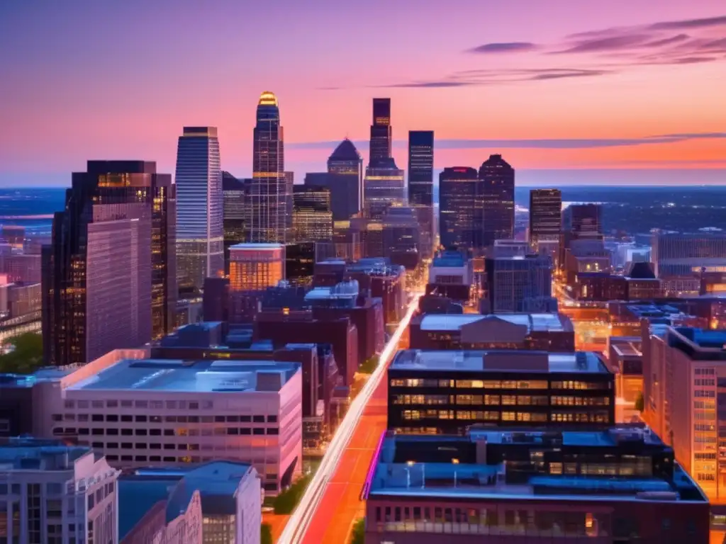 El resplandeciente horizonte de una ciudad al atardecer, con rascacielos modernos reflejando tonos cálidos