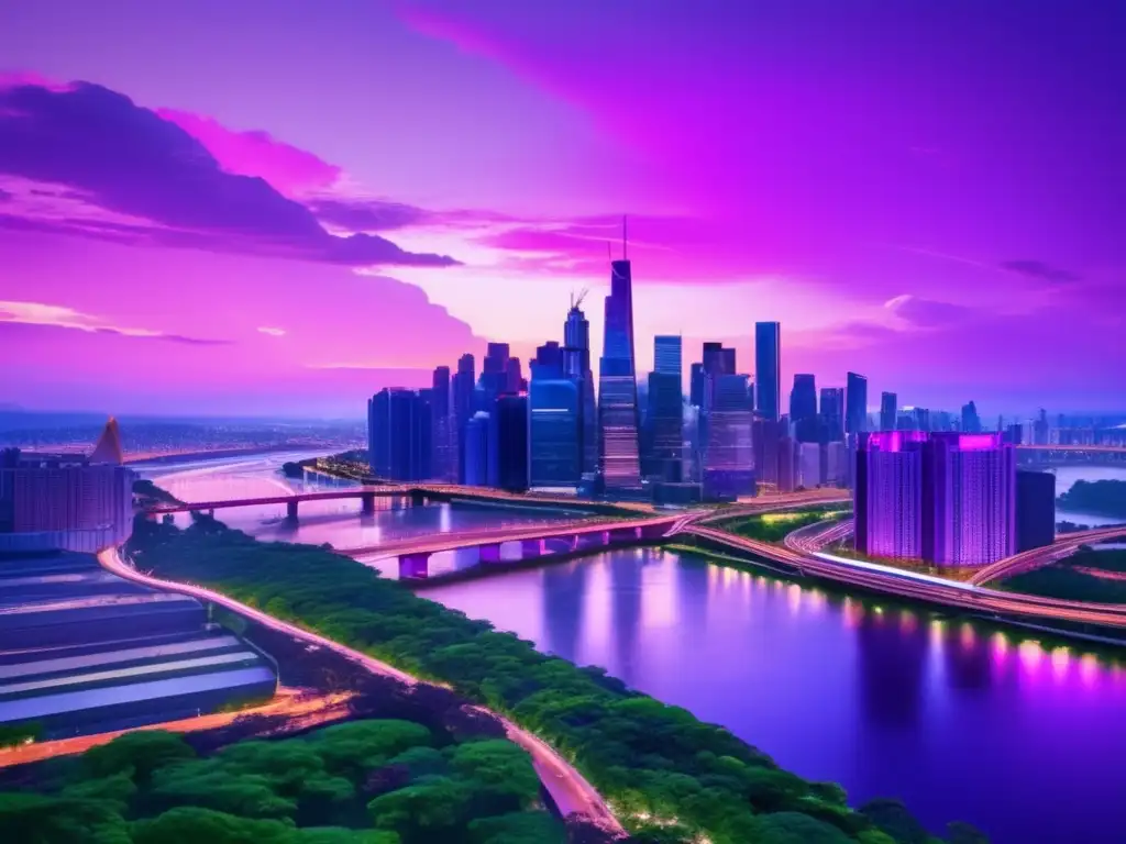 El resplandor de los rascacielos contra el cielo morado y rosa, rodeado de naturaleza, simboliza la compleja dinámica de la economía, política y globalización según Dani Rodrik