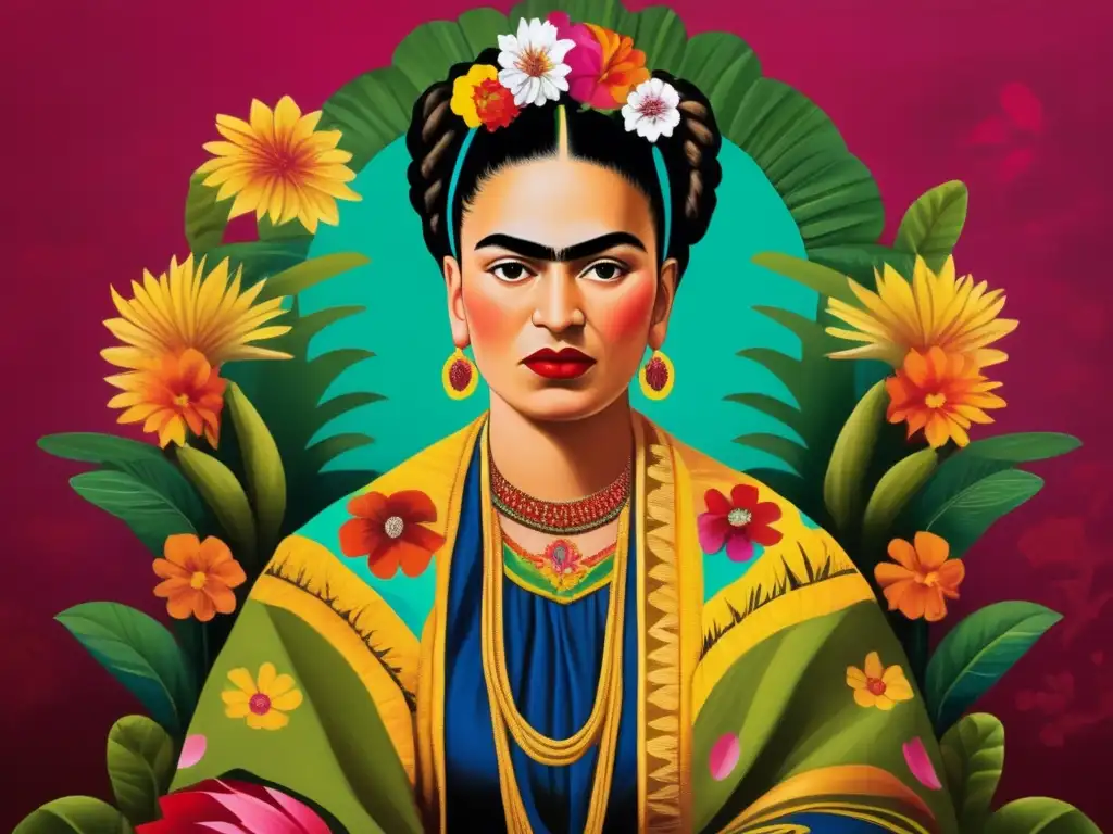 Frida Kahlo, retratada con fuerza y ​​resiliencia en su silla de ruedas, rodeada de flores vibrantes