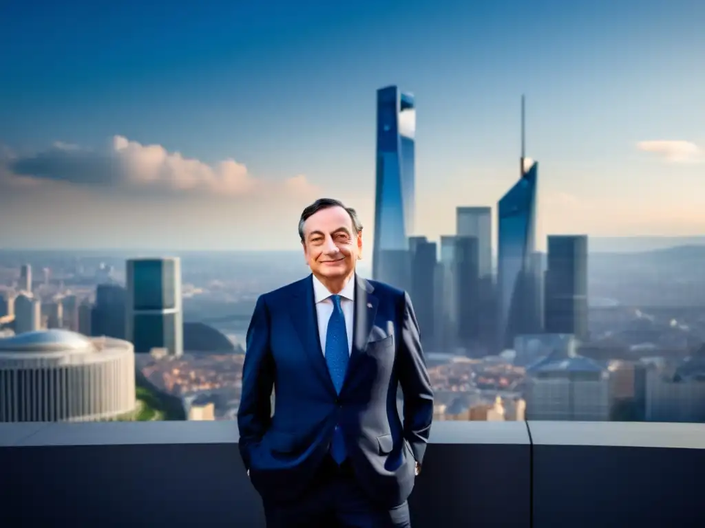 Un retrato aéreo impactante de Mario Draghi, líder resiliente en traje, con el horizonte urbano de fondo
