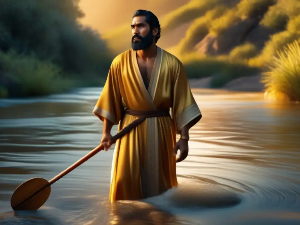 Un retrato en alta resolución 8k de Juan el Bautista en un río, con la luz del sol creando un brillo dorado en el agua