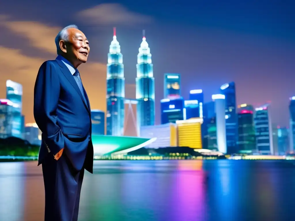 Un retrato de alto detalle de Lee Kuan Yew frente al icónico horizonte de Singapur
