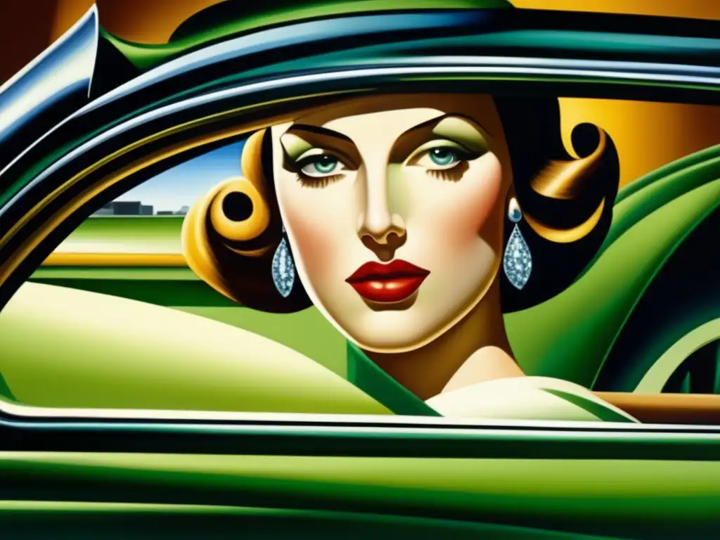 Un retrato Art Déco glamouroso de Tamara de Lempicka en su famoso Bugatti verde, con sus intrincados detalles y colores vibrantes