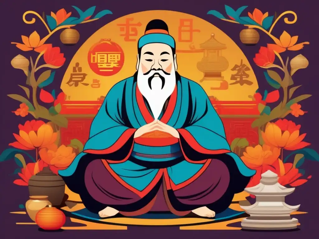 Un retrato artístico de Confucio, anciano y sereno, rodeado de pergaminos y artefactos antiguos