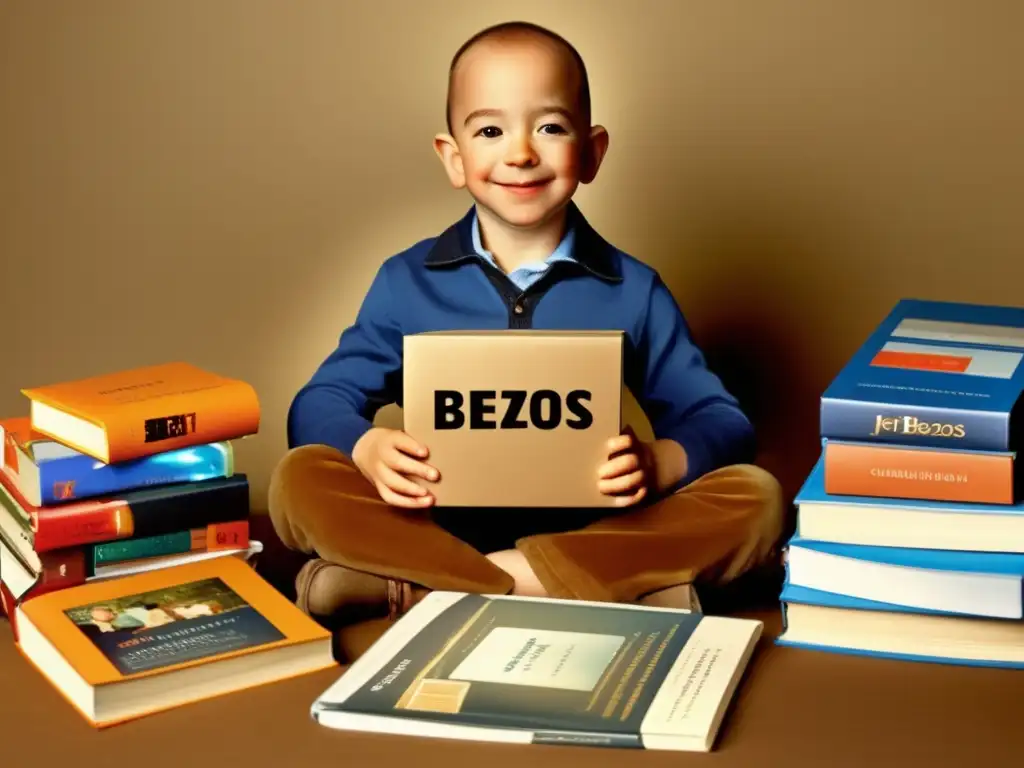 Un retrato de Jeff Bezos de niño, rodeado de materiales educativos y tecnología
