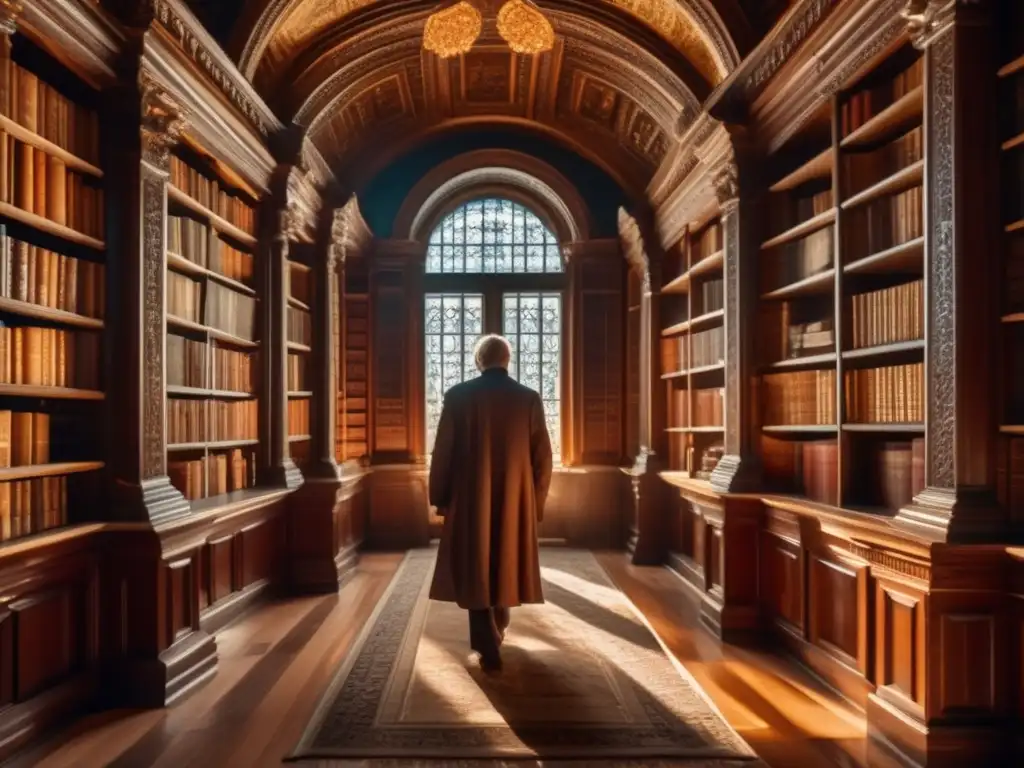 Un retrato de Ivan Kireyevsky en una biblioteca llena de sabiduría y legado, iluminada por la luz del sol