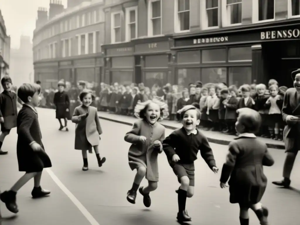 Un retrato en blanco y negro de Peter Benenson jugando en las calles de Londres junto a otros niños