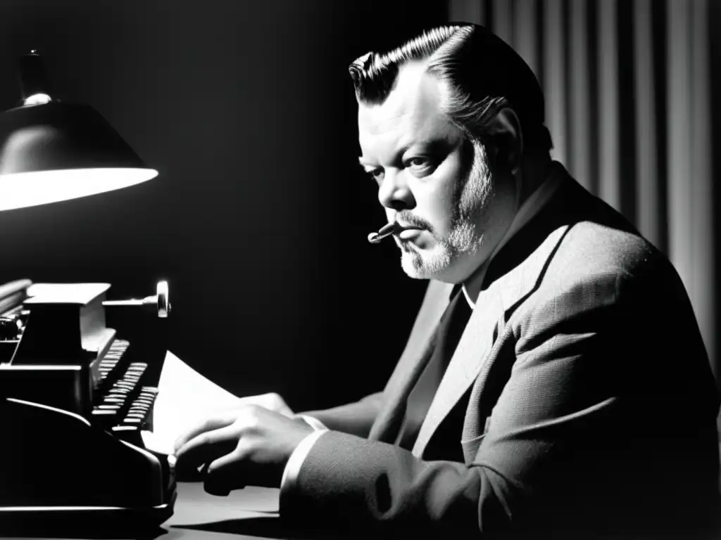 Un retrato en blanco y negro de Orson Welles, concentrado frente a una máquina de escribir