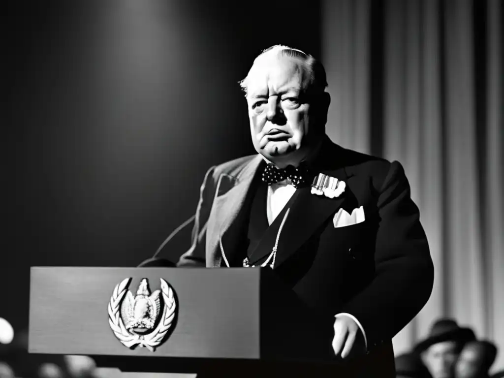Un retrato en blanco y negro de Winston Churchill pronunciando un discurso de guerra