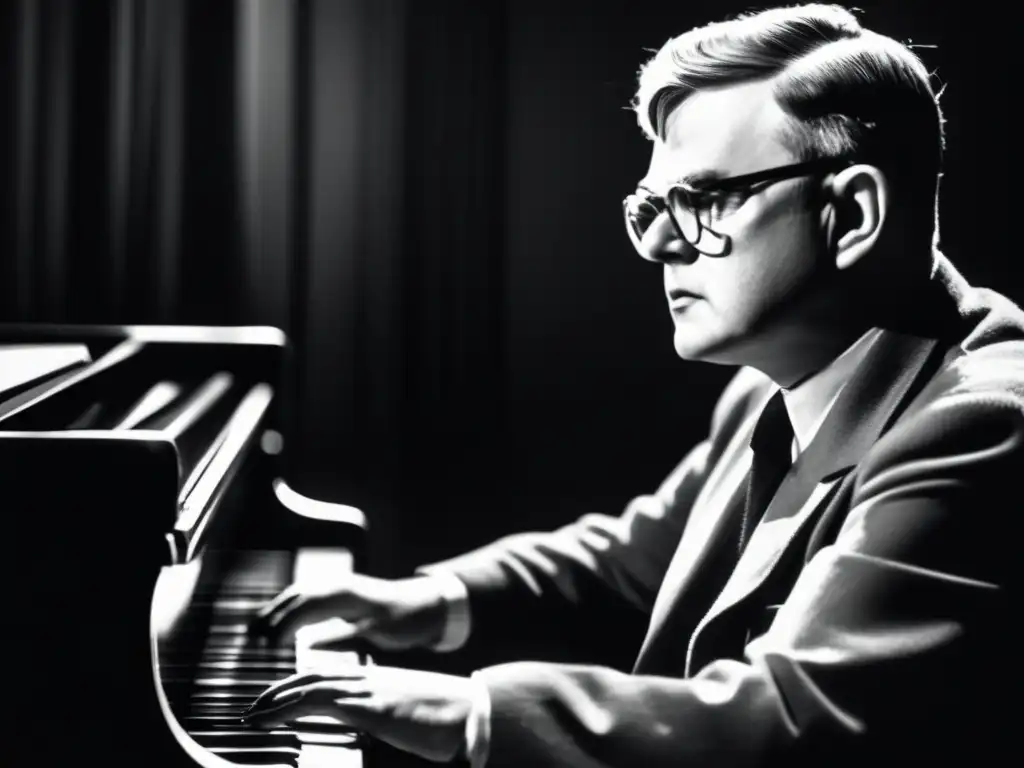 Un retrato en blanco y negro de Dmitri Shostakóvich al piano, con sudor en la frente y expresión de intensa concentración