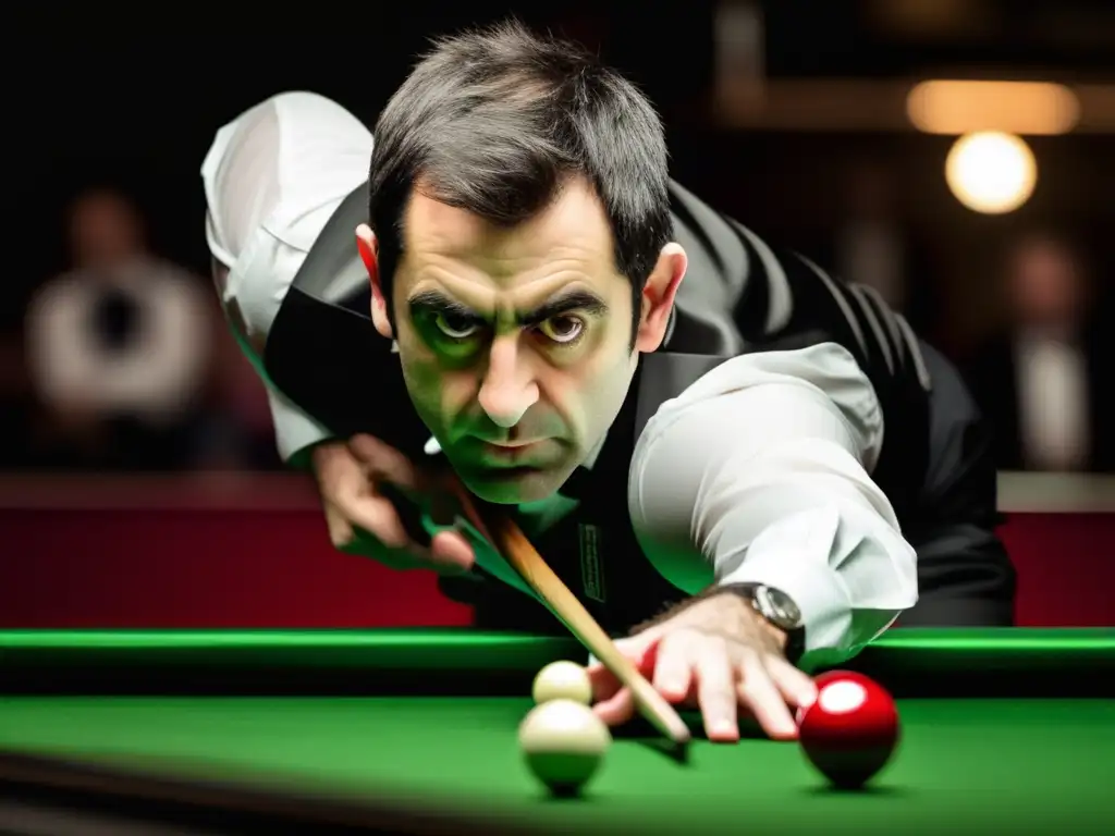 Retrato en blanco y negro de Ronnie O'Sullivan, mostrando su dominio en el snooker