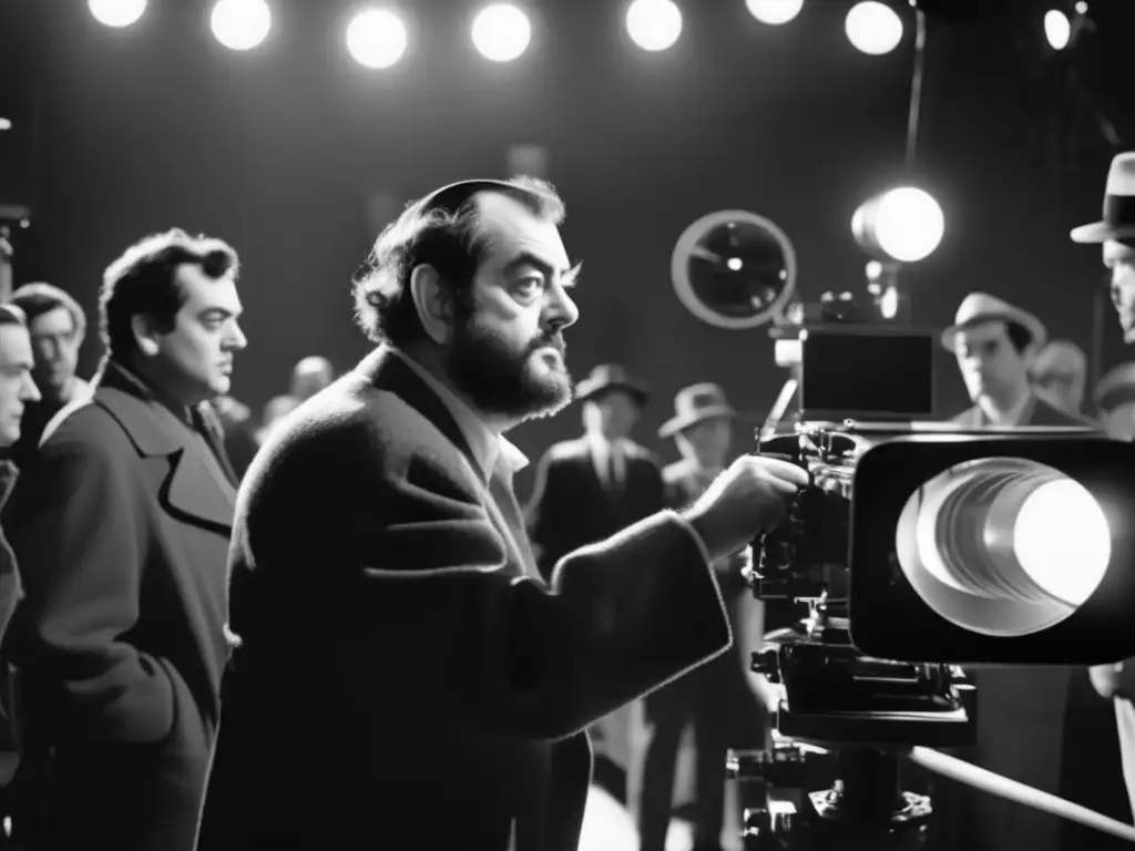 Un retrato en blanco y negro de Stanley Kubrick dirigiendo una escena icónica, rodeado de luces, cámaras y equipo, mostrando su dominio creativo