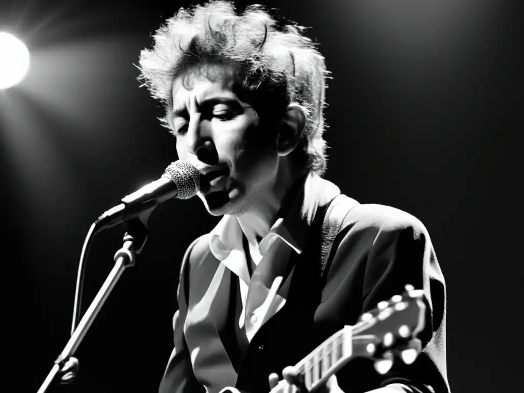 Un retrato en blanco y negro de Bob Dylan cantando apasionadamente en el escenario, iluminado dramáticamente