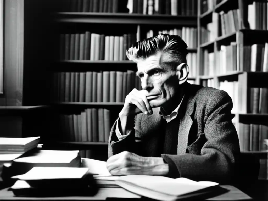 Un retrato en blanco y negro de Samuel Beckett reflexionando intensamente en su escritorio, rodeado de libros y papeles