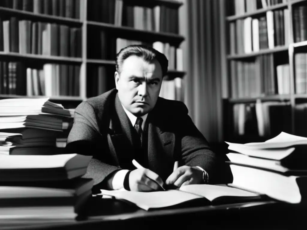 Un retrato en blanco y negro de Alexander Zinoviev en un escritorio desordenado, inmerso en sus pensamientos