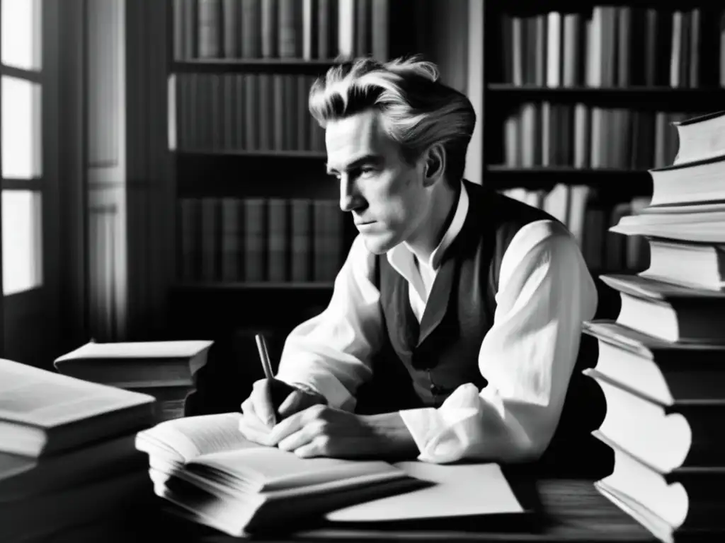 Un retrato en blanco y negro de Søren Kierkegaard en su escritorio, rodeado de libros y papeles