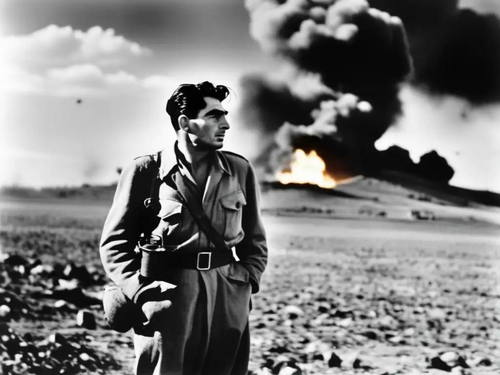 Un retrato en blanco y negro de Robert Capa, fotoperiodista en tiempos de guerra, capturando la intensidad y la devastación del conflicto