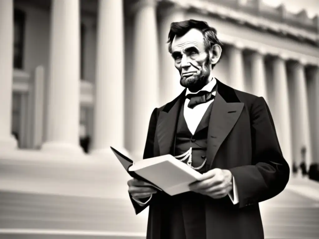 Un retrato en blanco y negro de Lincoln Steffens frente a un edificio gubernamental, con expresión decidida