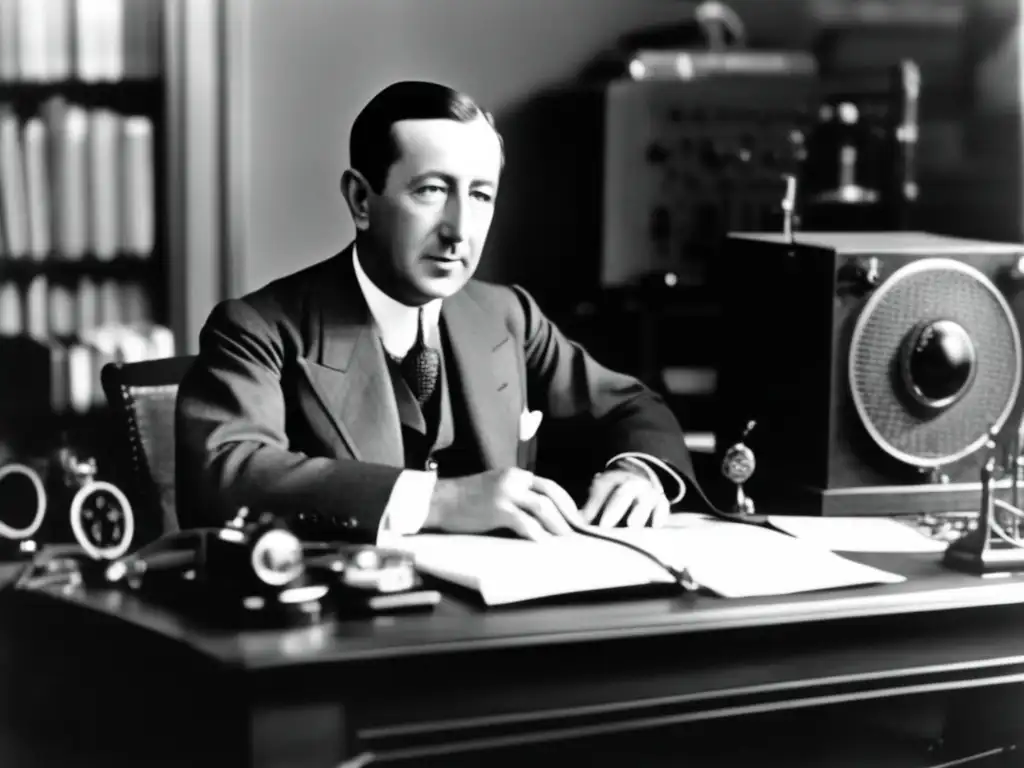 Un retrato en blanco y negro de Guglielmo Marconi rodeado de equipos de radio y documentos