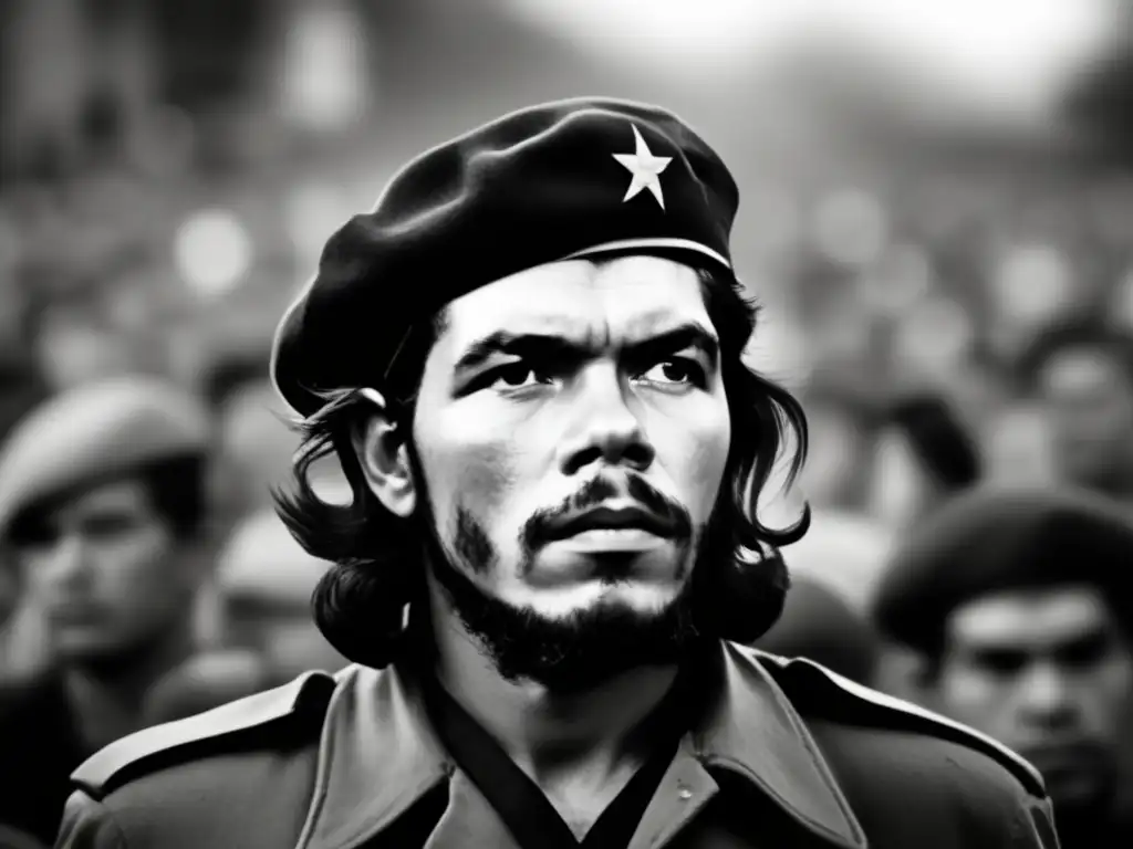 Un retrato en blanco y negro de Che Guevara con su icónica boina, mirada intensa y determinación revolucionaria