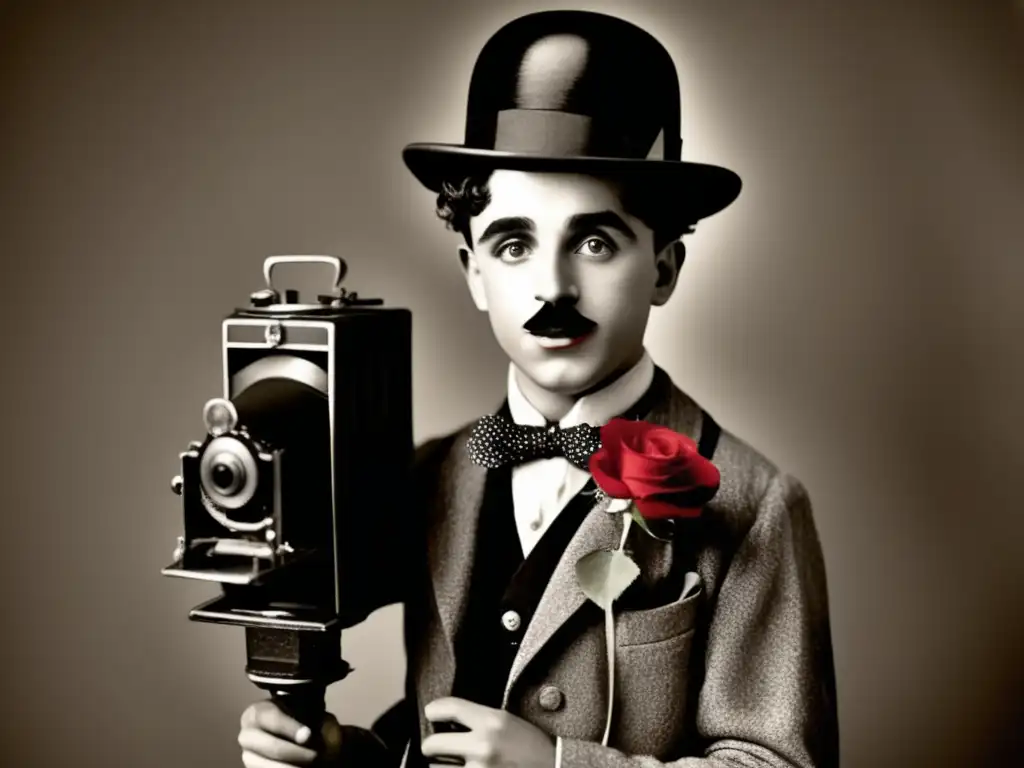 Un retrato en blanco y negro de Charlie Chaplin en su icónico traje de vagabundo, sosteniendo una rosa roja frente a una antigua cámara de cine