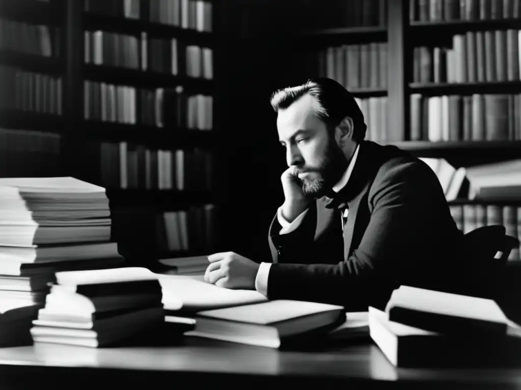 Un retrato en blanco y negro de Alexander Herzen, inmerso en sus pensamientos frente a un escritorio repleto de libros y papeles