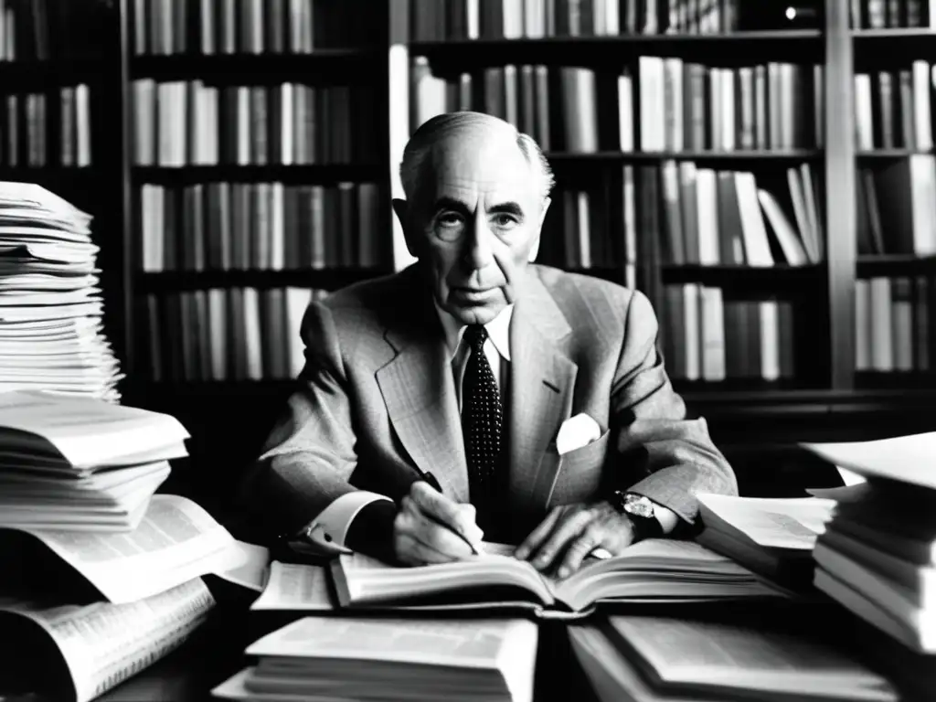 Un retrato en blanco y negro de Gay Talese inmerso en sus notas y páginas, rodeado de libros y periódicos