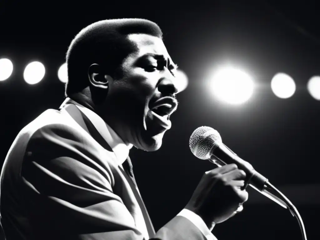Un retrato en blanco y negro de Otis Redding actuando con intensidad en el escenario, con una iluminación dramática