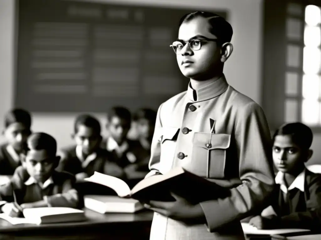 Un retrato en blanco y negro de un joven Subhas Chandra Bose, líder revolucionario, con uniforme escolar y un libro en la mano