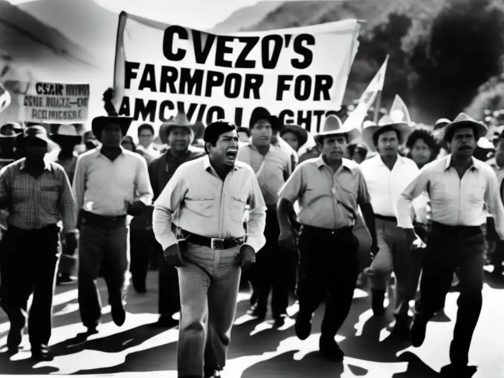 Un retrato en blanco y negro de César Chávez liderando el Movimiento Campesino, con trabajadores portando pancartas