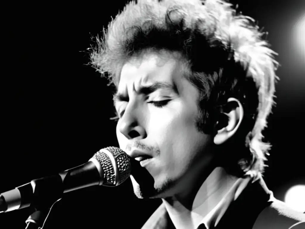 Un retrato en blanco y negro de Bob Dylan en plena actuación, con los ojos cerrados y la boca abierta, transmitiendo pasión