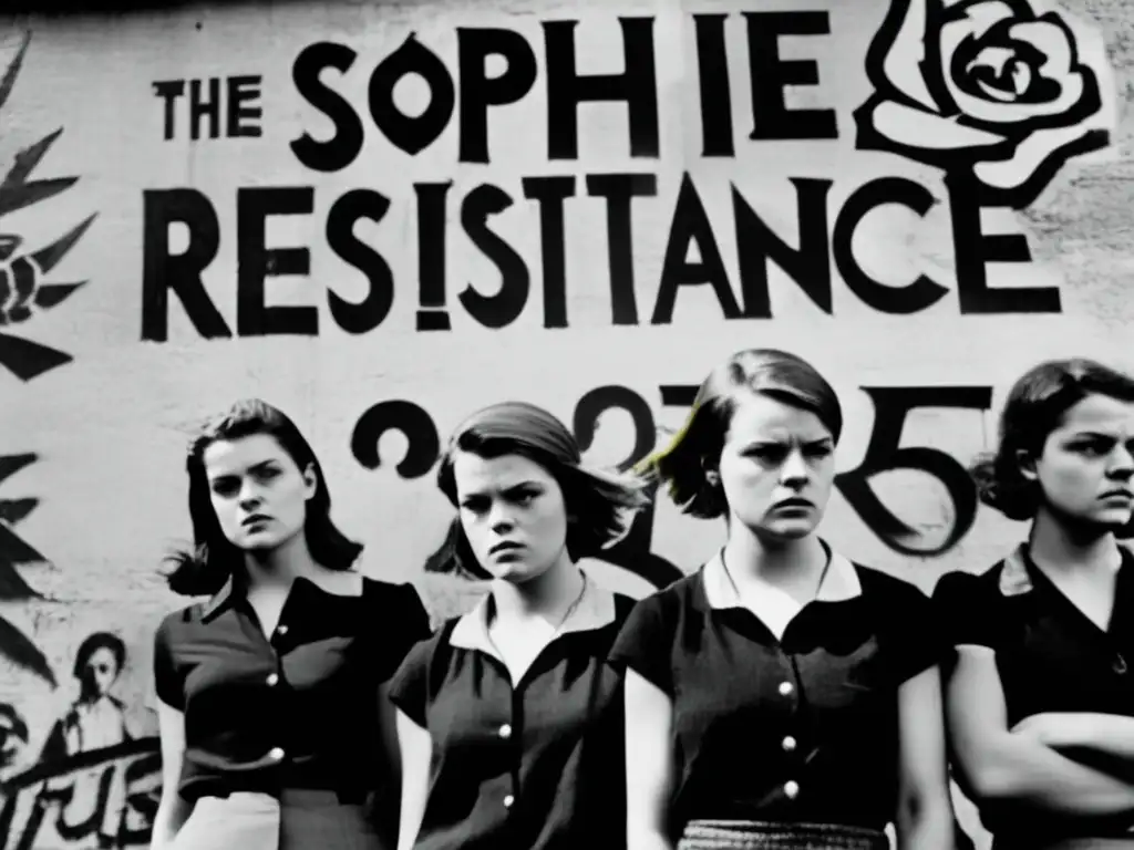 Retrato en blanco y negro de Sophie Scholl y la Resistencia Rosa Blanca desafiando al nazismo, con mensajes de esperanza en graffiti