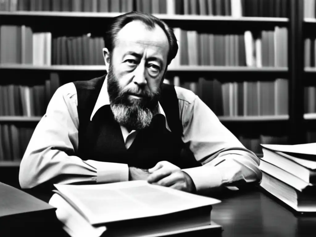 Un retrato en blanco y negro de Aleksandr Solzhenitsyn, rodeado de papeles y libros, con una expresión seria