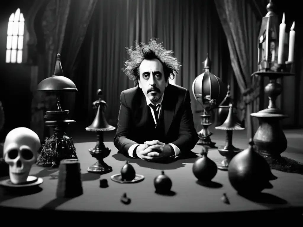 Un retrato en blanco y negro de Tim Burton en el set, rodeado de elementos góticos y caprichosos de una de sus icónicas películas