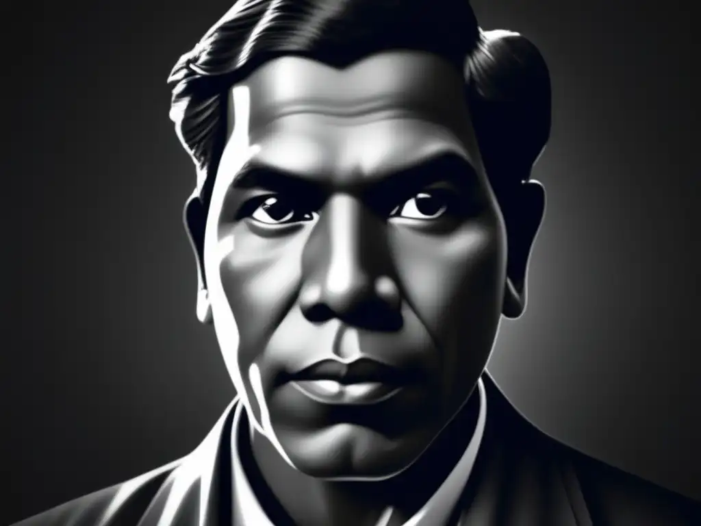 El retrato en blanco y negro de Srinivasa Ramanujan muestra su intensa mirada y pasión por las matemáticas, con un efecto chiaroscuro dramático