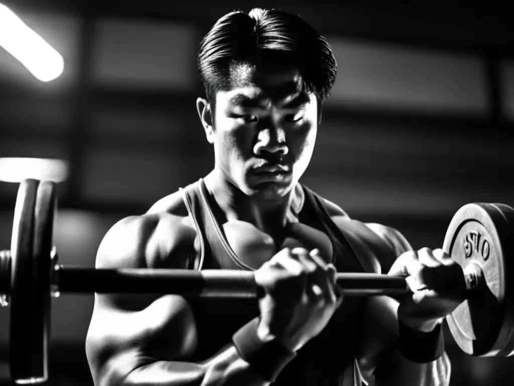 Un retrato en blanco y negro de Tamio Kono levantando pesas con intensa determinación en un gimnasio antiguo
