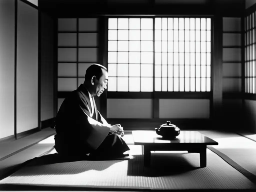 Un retrato en blanco y negro de Yasujirō Ozu disfrutando de té verde en una mesa tradicional japonesa